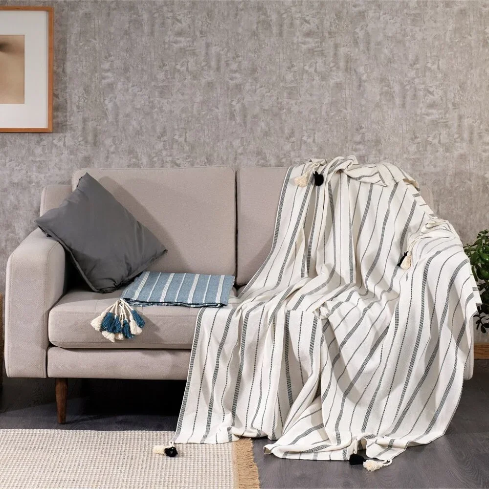 Large off-white & Black striped Turkish Cotton tasseled throw by Cotton & Olive